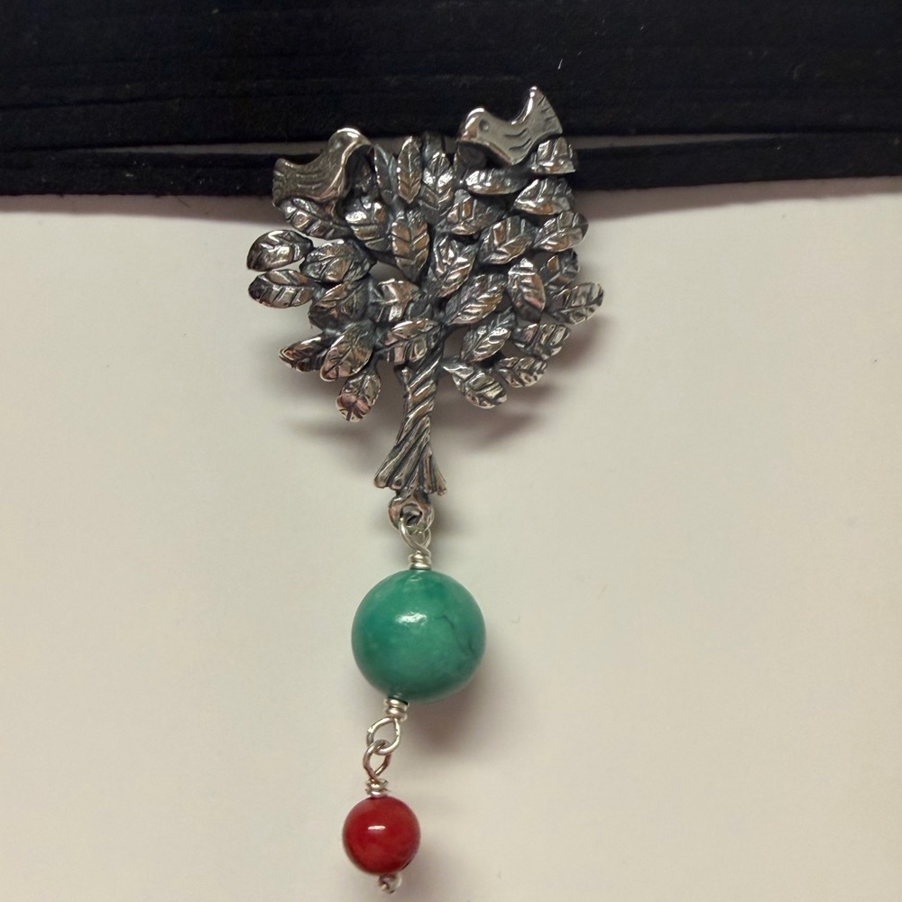 Citlali Sterling Silver 925 Tree Pendant with Turquoise and Red Bead